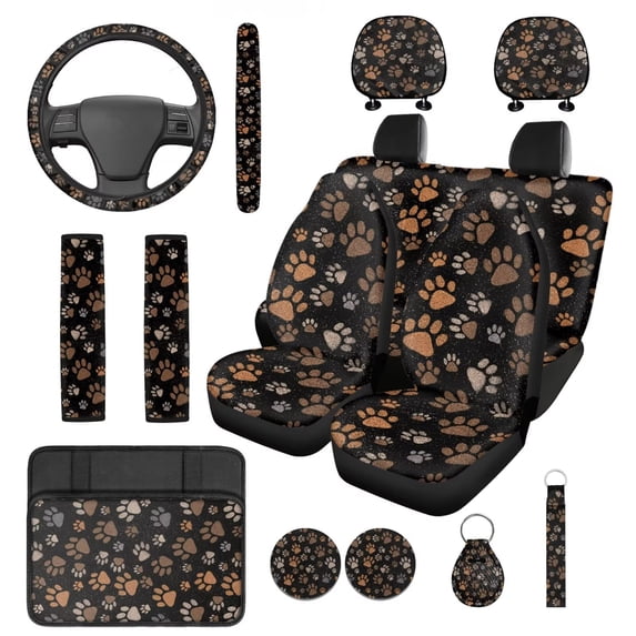 HUIACONG Dog Paw Print Car Seat Covers Full Set for Women 14 Pcs Cute Car Accessories Interior Including Steering Wheel Cover Armrest Cover Seat Belt Pads Headrest Covers Coasters Keychain