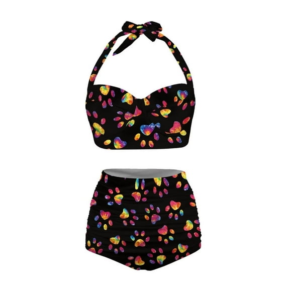 HUIACONG Dog Paws Cute Print Women Bikini Set Two Piece High Waisted Ruched Swimsuits Tummy Control Bathing Suit-S