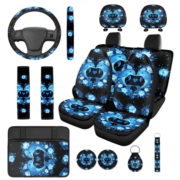 HUIACONG Dolphin Car Seat Covers for Women Cute Car Accessories Pink Seat Covers Full Set with Steering Wheel Cover Center Console Cover Seat Belt Pads Headrest Cover Coasters Keychain,14 Pcs Set
