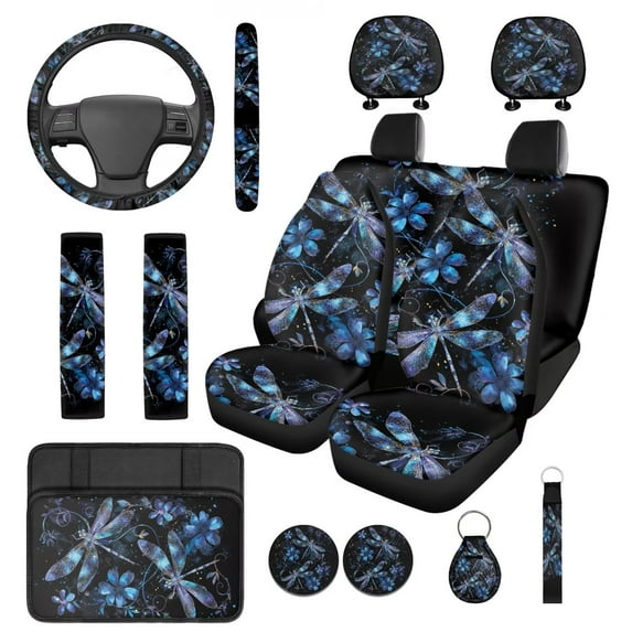 HUIACONG Dragonfly Car Seat Covers Full Set for Women Universal Car Accessories Seat Covers with Steering Wheel Cover Center Console Cover Seat Belt Pads Headrest Cover Coasters Keychain,14 Pcs Set
