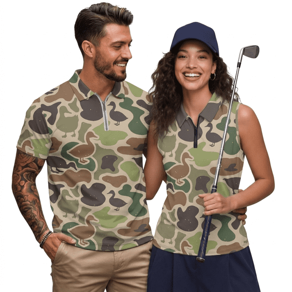 HUIACONG Duck Camo Matching Golf Shirts for Couples 1/4 Zip Pullover Mens Golf Shirts Hawaiian Short Sleeve Shirt Moisture Wicking Hawaiian Outfits Man 2XL