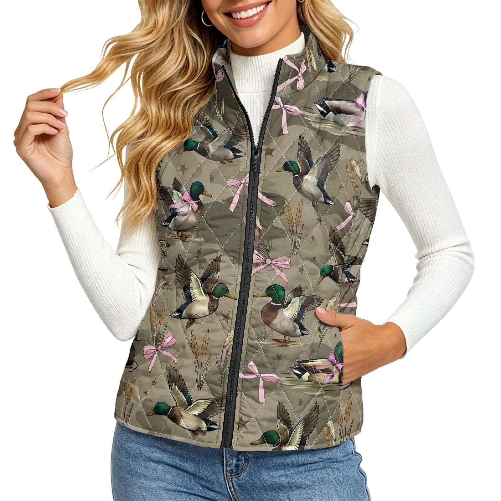 HUIACONG Duck Print Khaki Women's Quilted Gilet Stand Collar Full ...