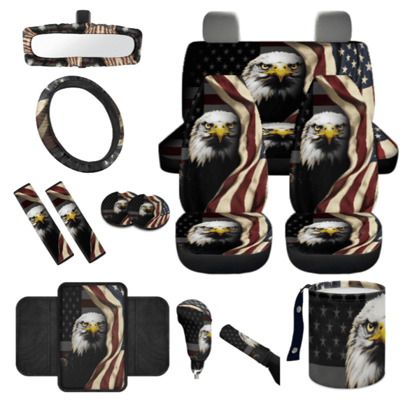 HUIACONG Eagle American Flag Car Seat Cover Set, with Car Seat Belt Protector Steering Wheel Cover Car Armrest Cushion Car Console Armrest Cushion