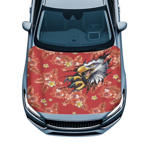 HUIACONG Eagle Hibiscus Print Car Hood Cover, Universal Fit Stretchable Dustproof Front Hood Protector Wrap, Foldable Auto Exterior Decor Accessory for Most Sedans, 39.37" x 59.05"