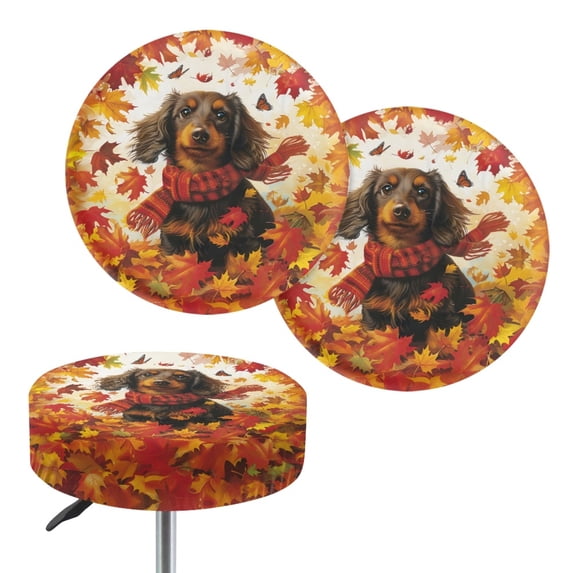 HUIACONG Easy to Clean Circle Stool Slipcover, Leaves Dachshund Polyester Round Round Bar Stool Covers for Vanity Kitchen