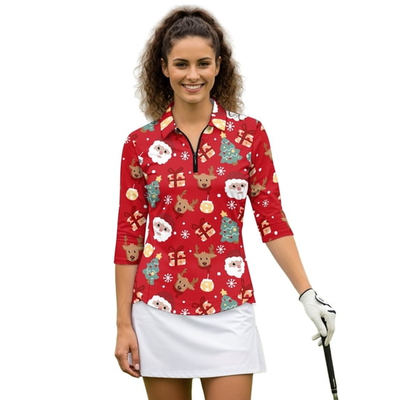 HUIACONG Elk Gift Box Ladies Golf Top 3/4 Sleeve Quarter Zip with Quick Dry Relaxed Athletic Tops for Tennis Sports Workout Daily Outdoor Activities