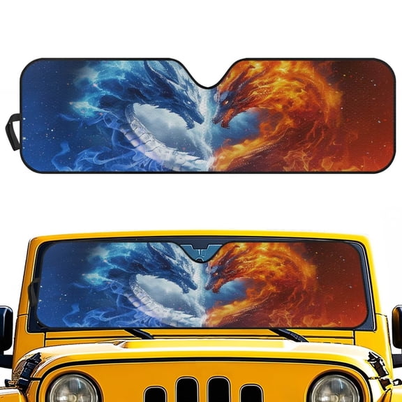 HUIACONG Fire Ice Dragons Windshield Sunshade for Jeep Compatible with Jeep Wrangler TJ JK JL 2/4 Door Bolck UV Rays & Protect Car Interior Easy Installation Sun Visor Protector