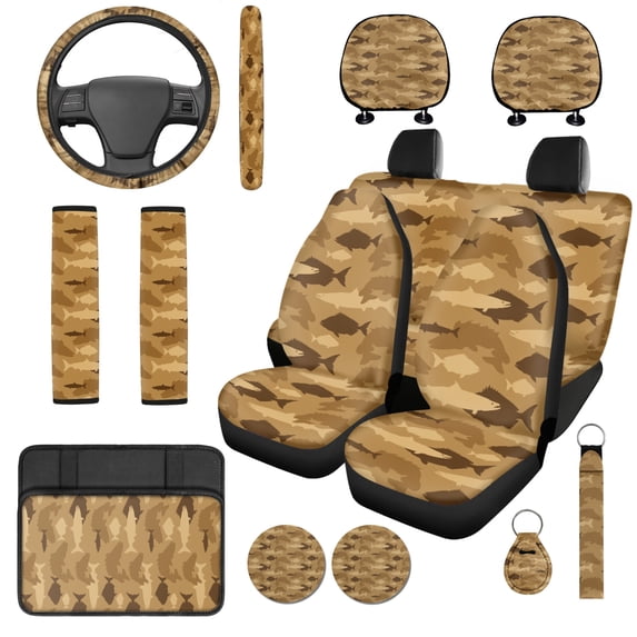 HUIACONG Fish Camouflage Pattern Car Seat Cover Set, with Steering Wheel Cover Key Ring, Compatible with Trucks Vehicles