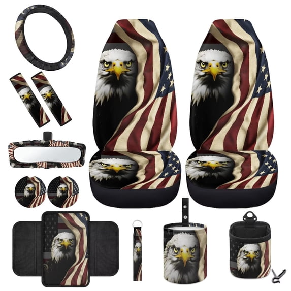 HUIACONG Flag Eagle Car Interior Accessories Set of 12 Auto Seat Covers Wheel Cover for Car Car Seat Belt Pads Cover Car Trash Can Rearview Mirror Cover All Season Fit for Most Car SUV
