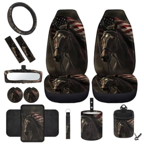 HUIACONG Flag Horse Automotive Seat Covers Set of 12 Auto Steering Wheel Cover Car Seat Belt Pads Cover Car Trash Bin Car Cup Coasters Rearview Mirror Cover Fit for Most Vehicles
