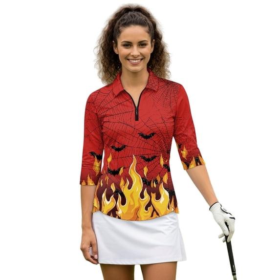 HUIACONG Flame Bat Web Quick Dry Golf Shirt Women Quarter Zip with Comfortable Soft Womens 3/4 Sleeve Golf Shirts for Tennis Outdoor Sports Workout Tennis Training