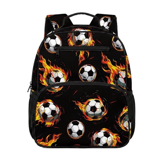 HUIACONG Flaming Soccer Print Kids Backpack 13.5 Inch Water Resistant Lightweight School Bag with Multi Pockets Breathable Cushioned Adjustable Straps for Boys Girls Ages 3-12 Daily Use Bookbag
