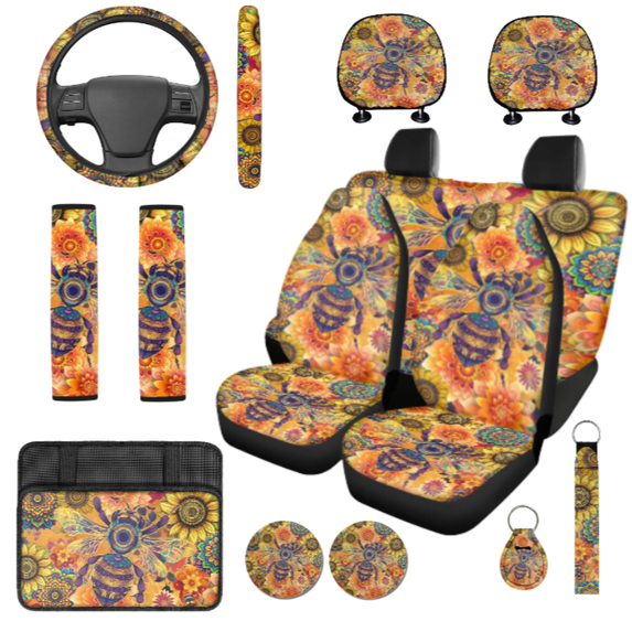 HUIACONG Floral Bee Psychedelic Automotive Interior Accessories, with Key Ring Car Cup Holder Coaster, Compatible with Trucks Cars
