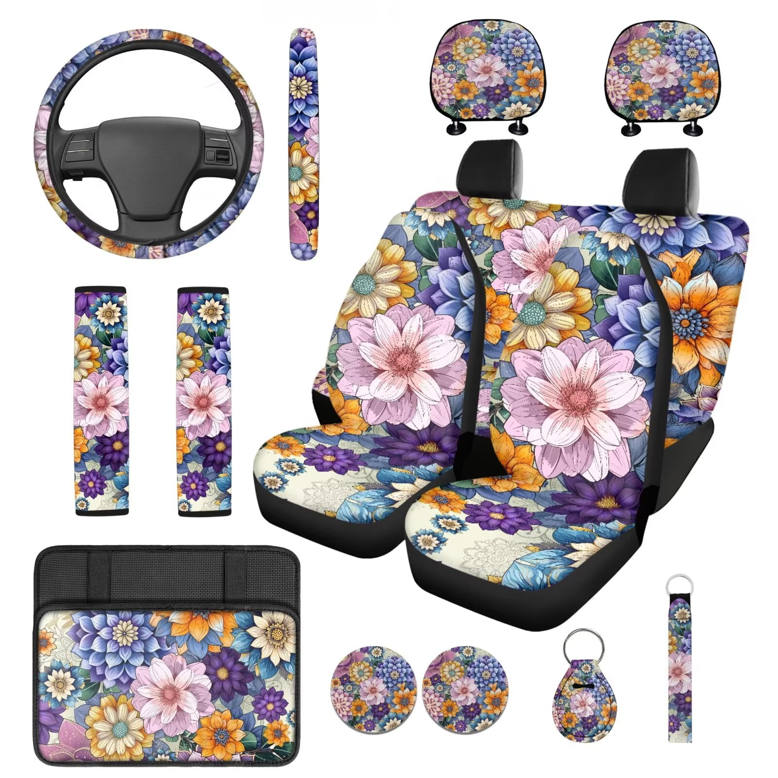 HUIACONG Floral Car Seat Covers Full Set for Women Boho Car Accessories Steering Wheel Cover Seatbelt Covers Coasters Armrest Covers Headrest Covers Keychain,14 Pcs,Universal Fit
