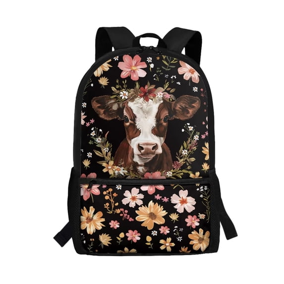 HUIACONG Floral Cow Print School Backpack for Boys Girls Students Ages 6-18 Ergonomic Padded Straps Multi Compartment Bookbag for Elementary Middle High School Back to School Daily Use