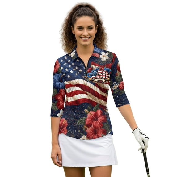 HUIACONG Floral Flag Quick Dry Golf Shirt Women, Breathable Quarter Zip Athletic Polo Shirts Fashion Women's Golf Top