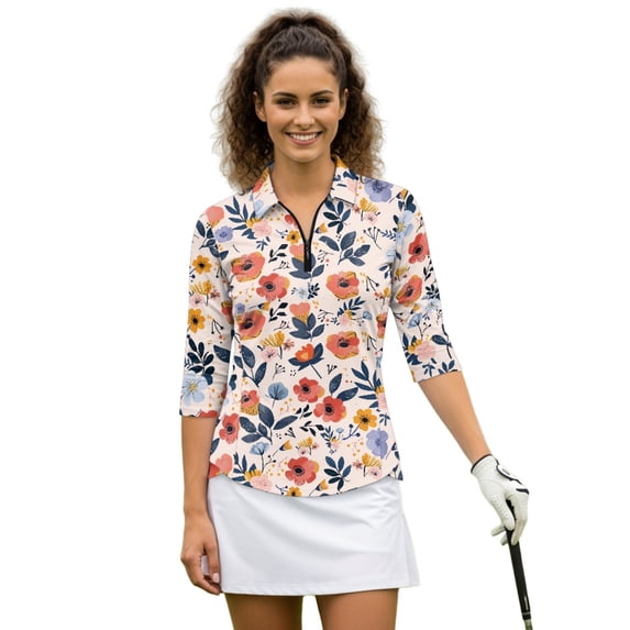 HUIACONG Floral Pattern Design Ladies Golf Top 3/4 Sleeve, Comfortable Quick Dry Women's Half Zip Golf Polo Quarter Zip Women's Golf Polo Shirts