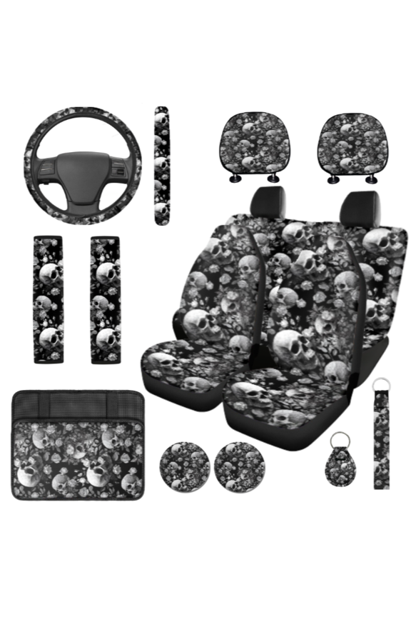 Floral Skull Automotive Interior Accessories, with Seat Protectors Car Armrest Box Pad, Compatible with Truck Cars