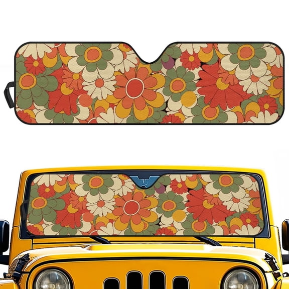 HUIACONG Front Sunshade Windshield Fit for Jeep Wrangler JL/JLU 2018-2024 & Jeep Gladiator JT 2020-2024, 240T Foldable Window Shade Sun Visor Protector Blocks UV Rays Hippy Flower