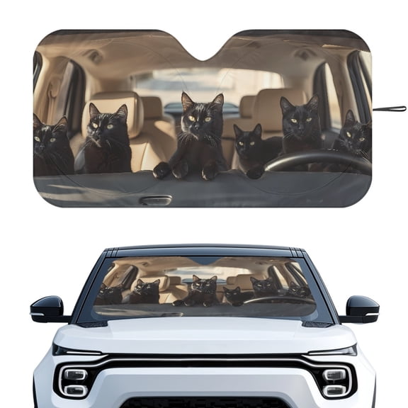 HUIACONG Funny Black Cat Design Block UV Rays Custom Windshield Sunscreen for SUVs Car Foldable Car Windshield Sun Shade Cool Sun Visor Shield