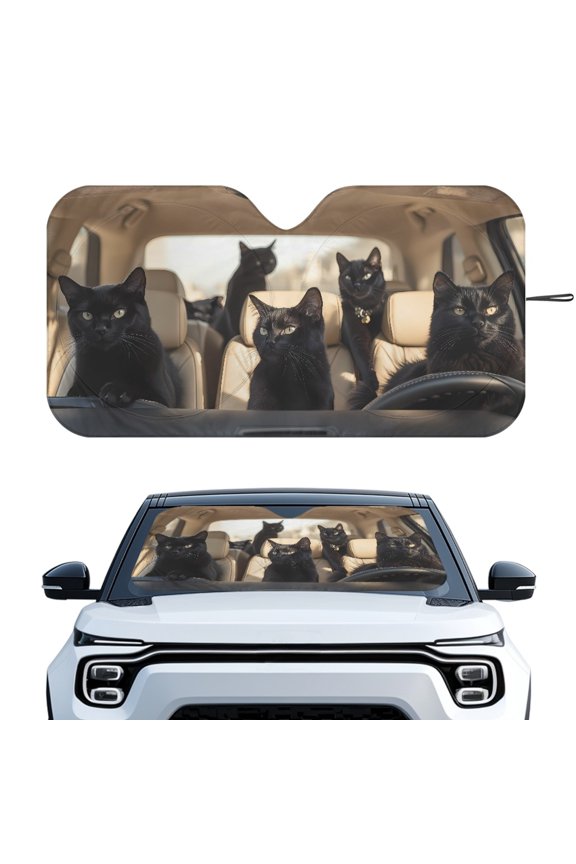 Funny Black Cats Foldable Windshield Sun Shade for Car for Trucks Car Windshield UV Reflective Sunscreen Car Windshield Front Sun Shade Automotive Window Shades