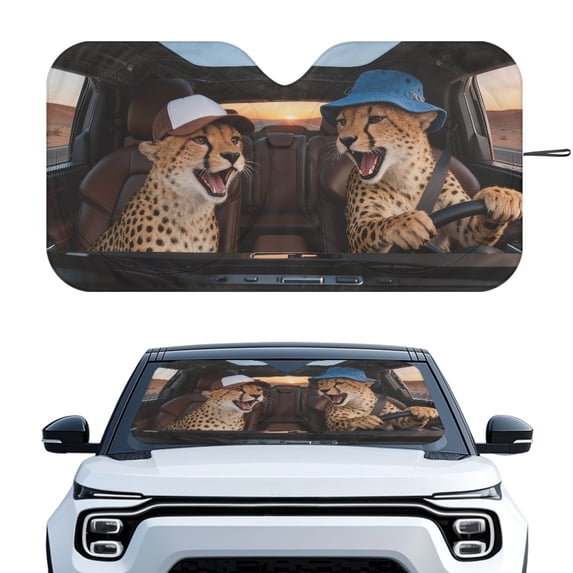 HUIACONG Funny Leopard Driving Car Sun Shade Windshield, Foldable Reflective UVs Easy Storage Car Front Window Shades for Passenger Car Most Sedans SUV Truck Universal Fit