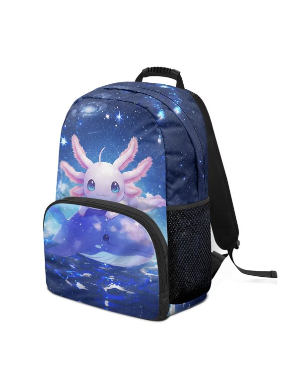 Galaxy Axolotl Print School Backpack for Girls Boys Ages 6-18 Large Capacity Water Resistant Book Bag for Elementary Middle High School Daily Use Travel