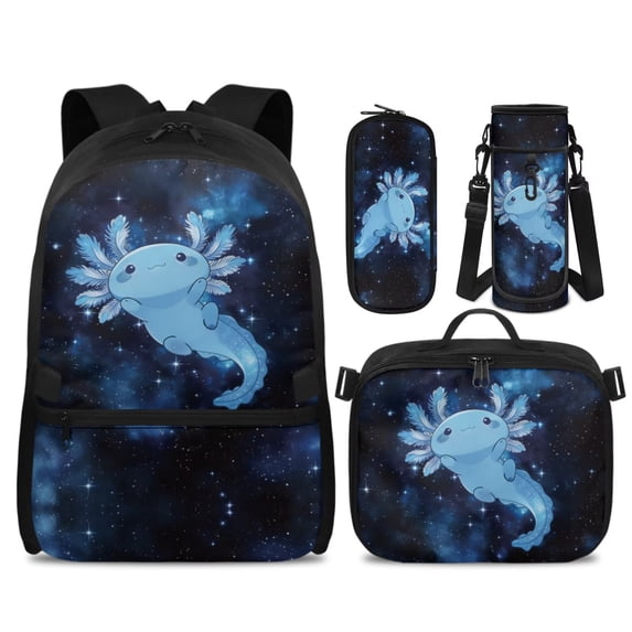 HUIACONG Galaxy Blue Axolotl Kids Backpack Set 4-IN-1 Ergonomic for Boys Girls Ages 6-8 Detachable Lunch Box Pencil Case Water Bottle Holder Lightweight School Backpack