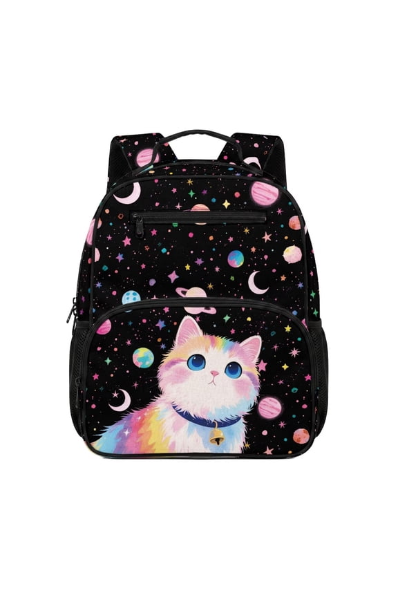 Galaxy Rainbow Cat Kids School Backpack 13.5 Inch Water Repellent Sturdy Bookbag with Adjustable Ventilated Padded Straps Multi Pockets Roomy Lightweight Bag for Toddler Girls