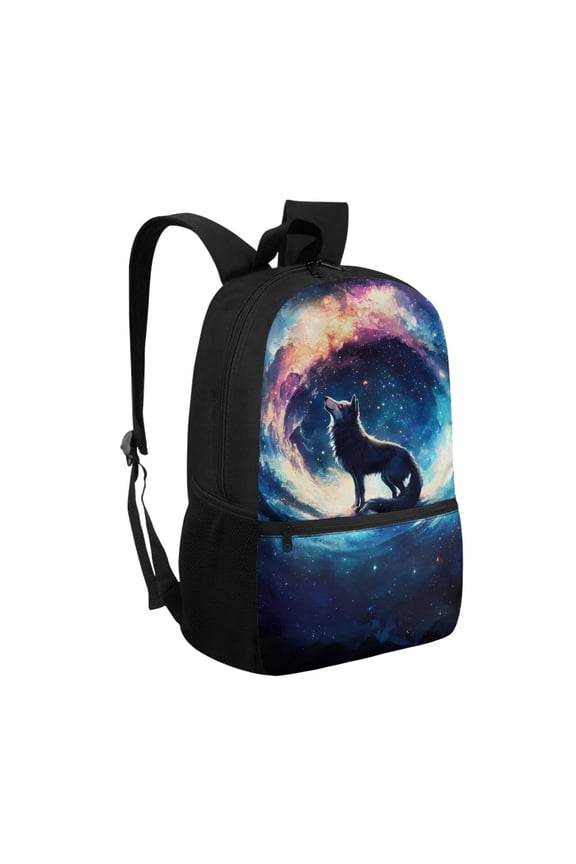 Galaxy Wolf Print Unisex School Backpack for Age 6-18 Large Capacity Water Resistant Bookbag for Elementary Middle High School Students Back to School Daily Use