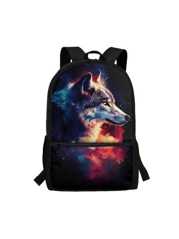 Galaxy Wolf School Backpack for Boys Girls Age 6-18 Large Capacity Water Resistant School Bag for Elementary Middle High School Students Back to School Daily Use