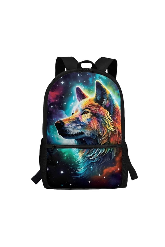 Galaxy Wolf School Backpack for Primary Students Large Capacity Ergonomic Breathable Adjustable Straps for Boys Girls Ages 6‑18 Daily Use
