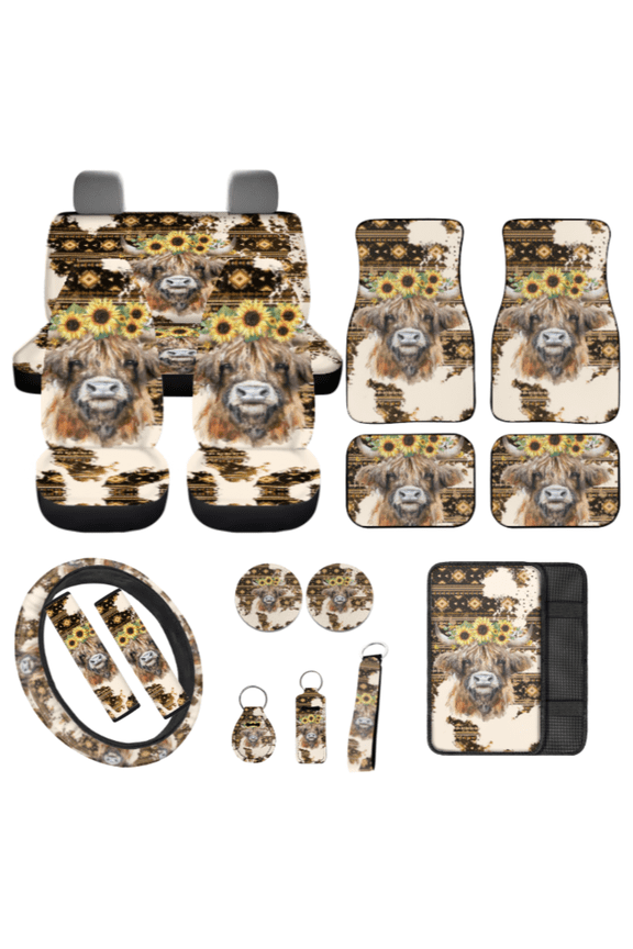 Geometric Sunflower 17 Pcs Car Seat Cover Sets for Car Owner, Breathable Key Ring with Wear-Resistant Vehicle Cup Pad for Cars Interior