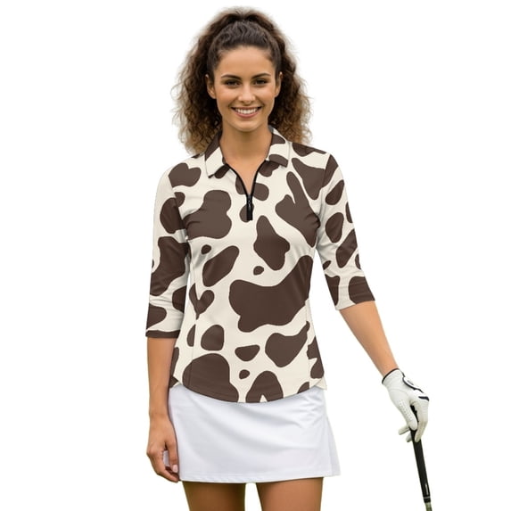 HUIACONG Giraffe Print Cover Quick Dry Golf Shirt Women Fashion with Quarter Zip Versatile Ladies Golf Top 3/4 Sleeve for Tennis Sports Training Workout