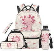 HUIACONG Girls Backpack Set 5Pcs with Lunch Bag, 17 Inch Pink Axolotl School Bookbag with Pencil Case, Water Bottle Sleeve, Keychain