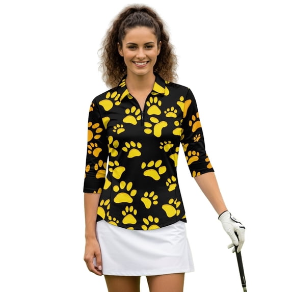HUIACONG Gold Paw Ladies Golf Top 3/4 Sleeve, Quarter Zip Anti-Wrinkle Women's 3/4 Sleeve Golf Top Breathable Women's Golf Polo Shirts