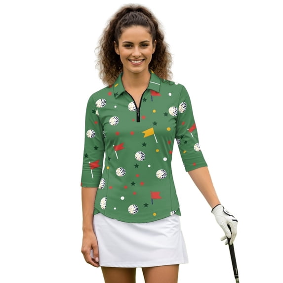 HUIACONG Golf Boatee Green Pattern Women Sport Shirts, 3/4 Sleeve Quarter Zip Quick Dry Golf Top for Golf, Tennis, Hiking, Running, Gym