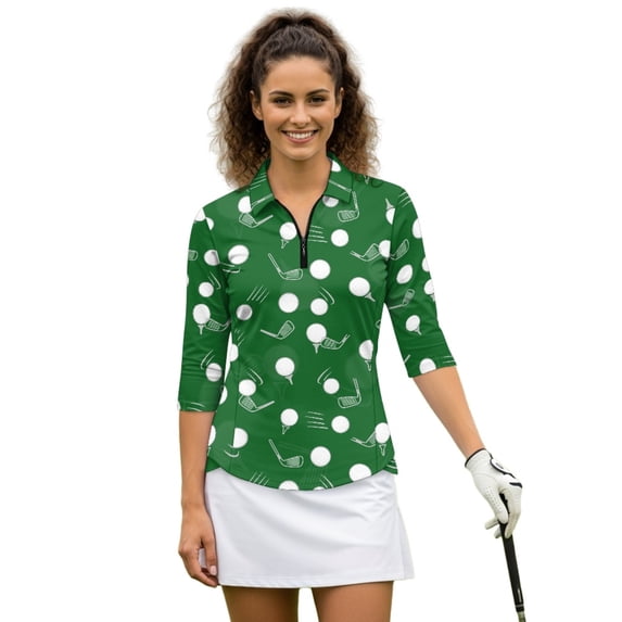 HUIACONG Golf Equipment Pattern Women's Golf Polo Shirts Quarter Zip with Breathable Comfortable Women's 3/4 Sleeve Golf Top for Tennis Workout Training Sports