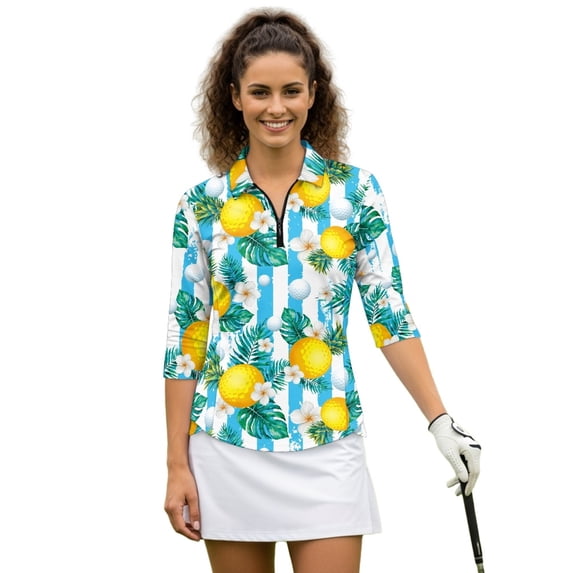 HUIACONG Golf Polo Shirts with Tropical Pineapple Print, 3/4 Sleeve Athletic Tops for Women, Breathable Quick Dry Fabric for Outdoor Golf and Workouts