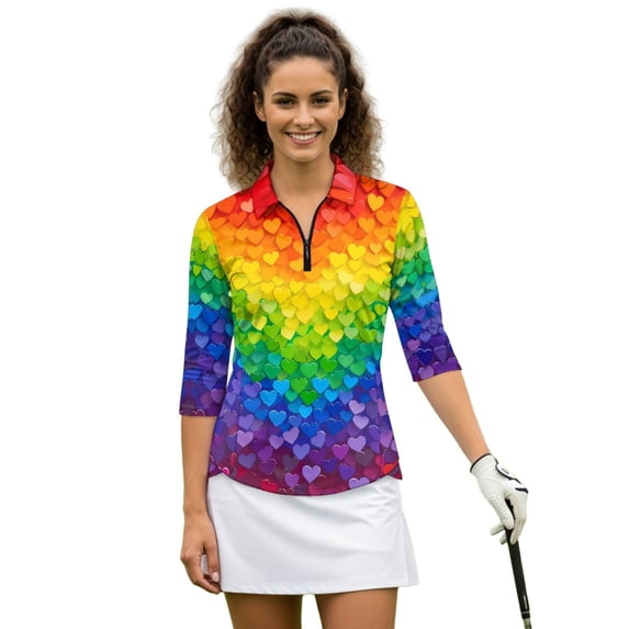 HUIACONG Gradient Coloured Heart Womens Athletic Polo Shirts, Soft Women's Golf Polo Shirts Quarter Zip Versatile Tennis Tops for Sports Workout Matches