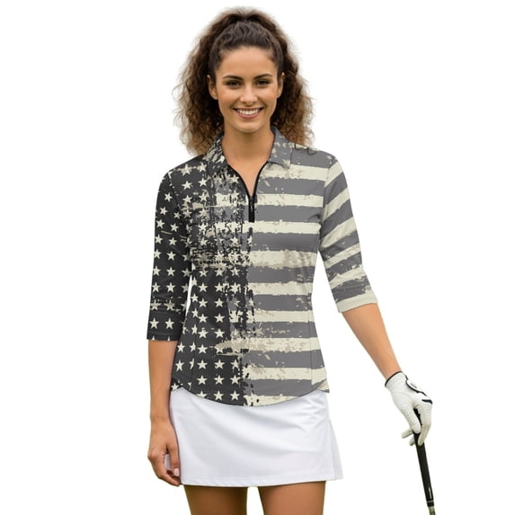 HUIACONG Gray Distressed US Flag Print Women's 3/4 Sleeve Athletic Golf Shirts, Quarter Zip Comfortable Womens Golf Shirt Soft Women's Golf Polo Shirts
