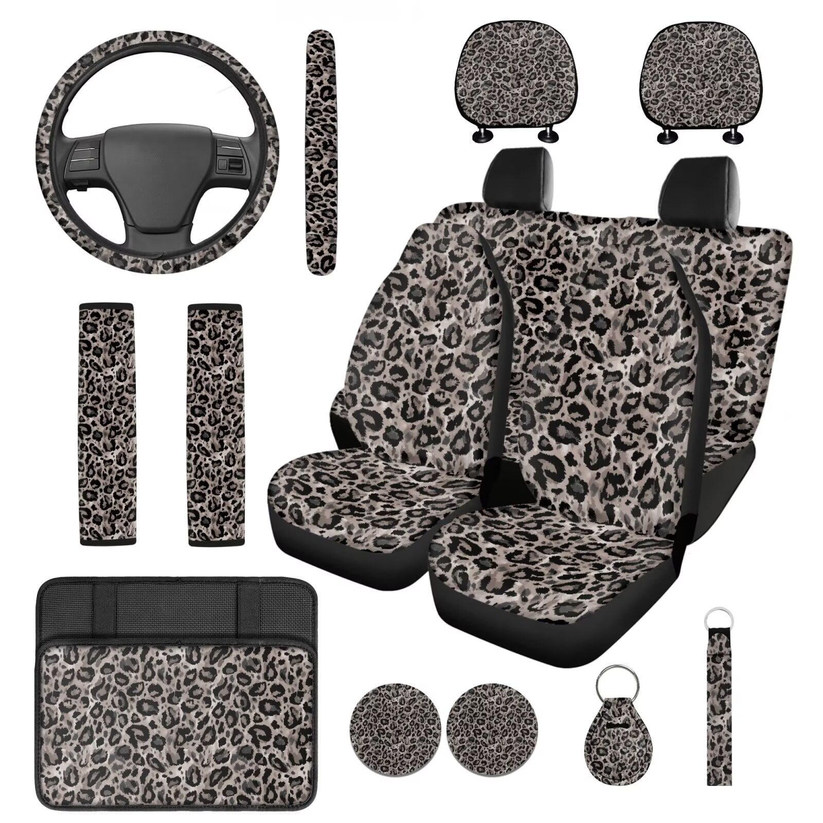 HUIACONG Gray Leopard Print Car Seat Covers Full Set Cheetah Car Accessories 14 Pcs with Steering Wheel Cover Arm Rest Cover Seat Belt Pads Headrest Cover Coasters Keychain Universal Fit