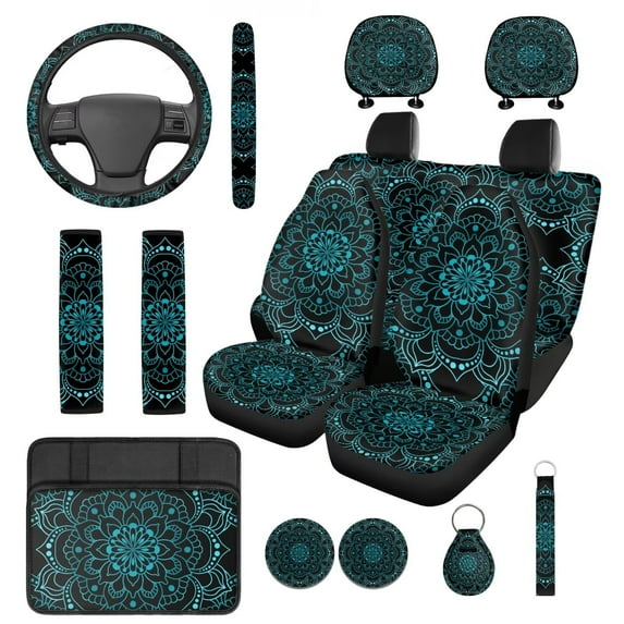 HUIACONG Green Boho Car Seat Covers Full Set 14 Pcs Lotus Mandala Decor Front and Back Seat Covers with Armrest Covers Steering Wheel Cover Seatbelt Covers Coasters Headrest Covers Keychain,Universal
