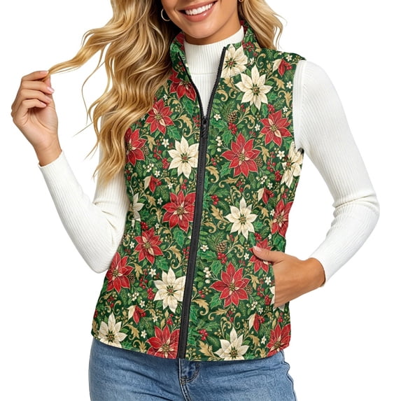 Rating Green HUIACONG Green Christmas Poinsettia Print Women's Quilted Vest Stand ...