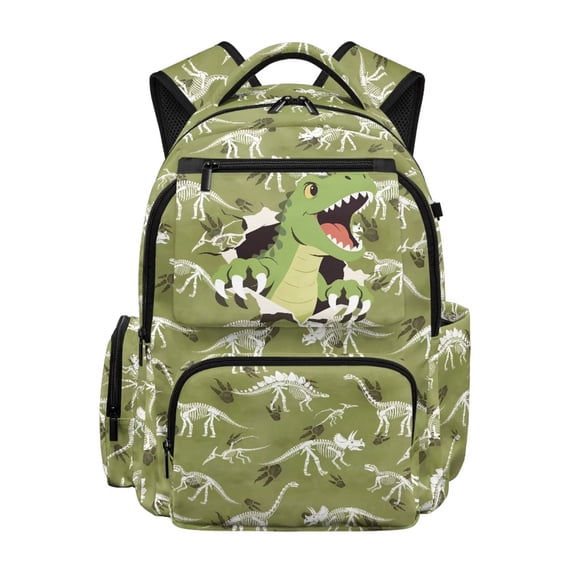 HUIACONG Green Dinosaur Fossil Print School Backpack for Kids Age 5-16, Multi-Pocket Water Resistant Sturdy Bookbag with Adjustable Padded Straps Lightweight Daypack for School Camping Trips
