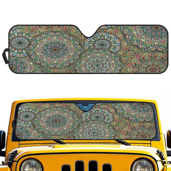 HUIACONG Green Mandalas Windshield Sun Shade Compatible with Wrangler JK JKU TJ, Foldable Windshield Sunshade Sun Visor Blocks UV Rays, Sun Shade Shield Protector Compatible with Wrangler 1997-2018