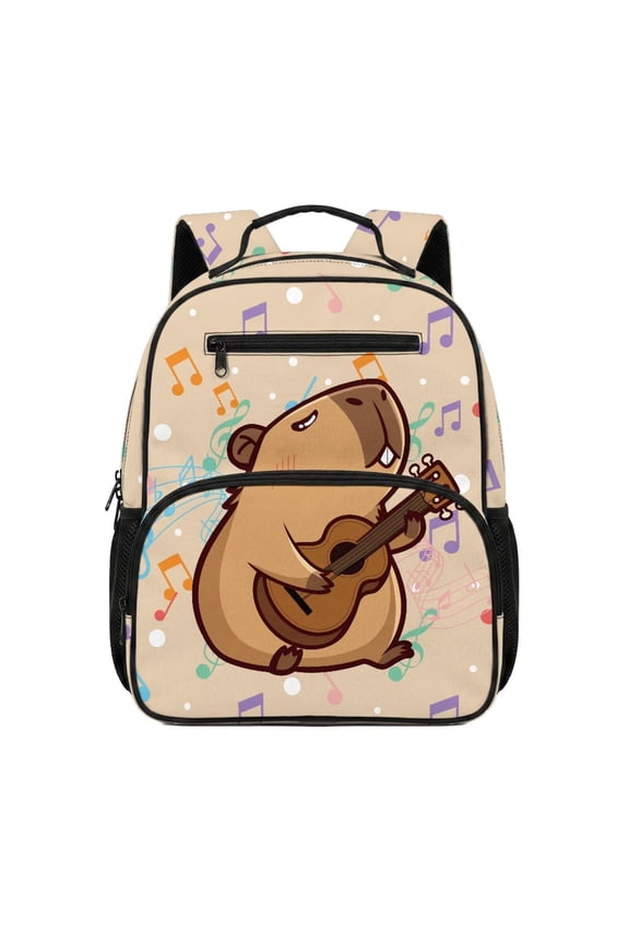Guitar Capybara 13.5 Inch Kids Backpack, Lightweight Water Resistant School Bag with Adjustable Padded Breathable Straps, Large Multi Compartment Bookbag for School Travel Daily Use