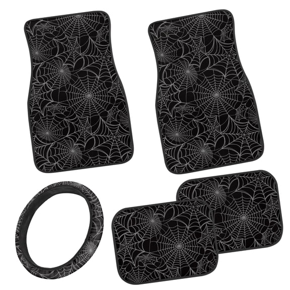 HUIACONG Halloween 5 Piece Car Interior Set - Steering Wheel Cover, Front & Rear Floor Mats - Goth Spider Web Pattern for Auto SUV Sedans
