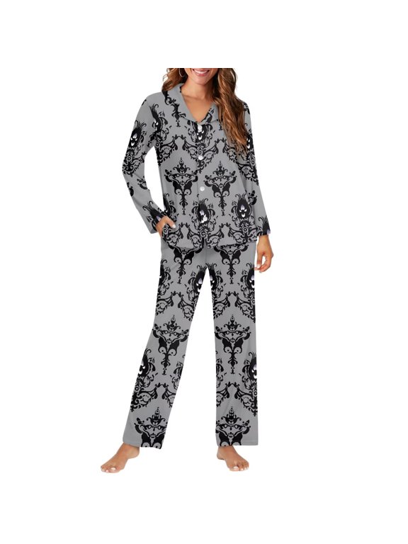 Halloween Pajamas Women Grey Gothic Ghost Print Notch Collar Button Front, Moisture‑Wicking Breathable Fabric, Dual Pockets, for Halloween Night Indoor Relaxation