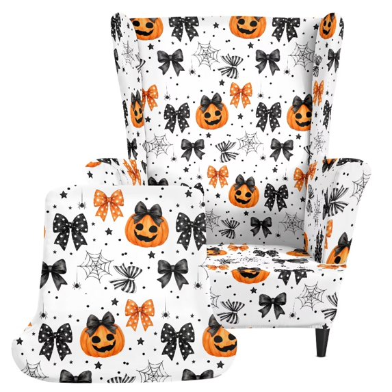 HUIACONG Halloween Pumpkin Bow Print 2-Piece Wingback Chair Slipcovers, High Stretch Resilient Fabric Armchair Covers, Wrinkle Resistant Washable Furniture Protector for Living